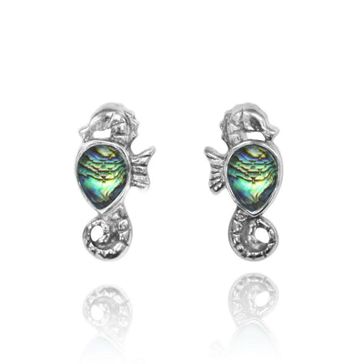 Sterling Silver Seahorse Stud Earrings with Pear Shape Abalone Shell