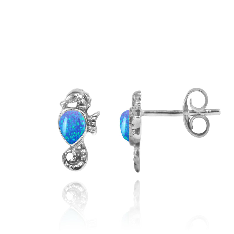 Sterling Silver Seahorse Stud Earrings with Pear Shape Blue Opal