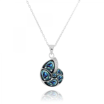 Sterling Silver SeaShell Pendant Necklace with Abalone Shell and White CZ