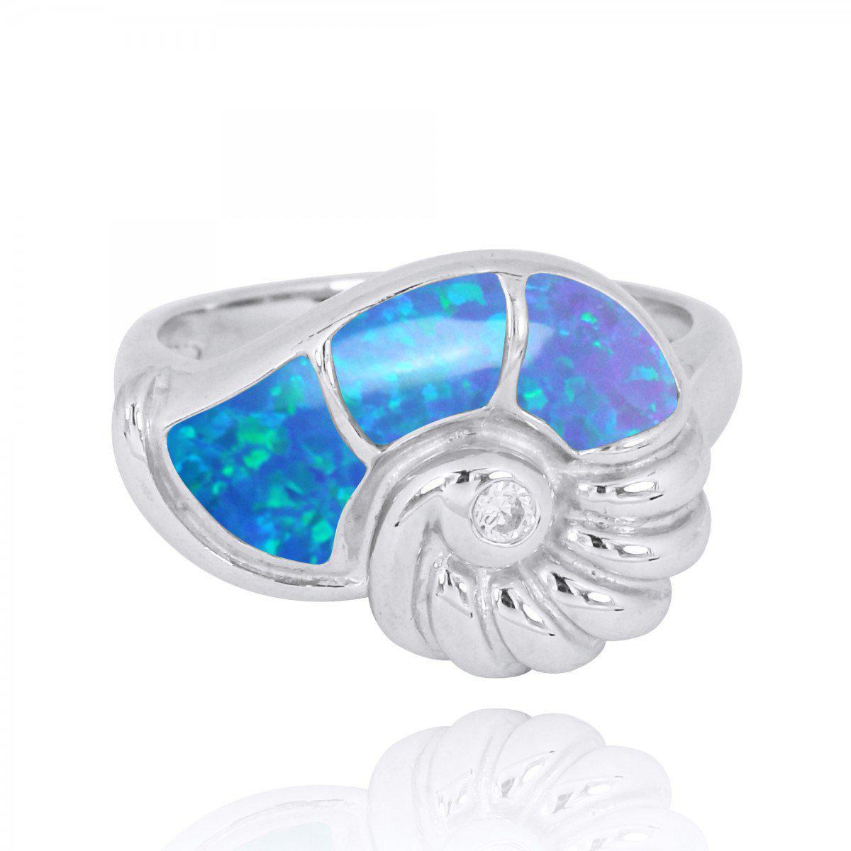 Sterling Silver Seashell Ring with Blue Opal and White CZ