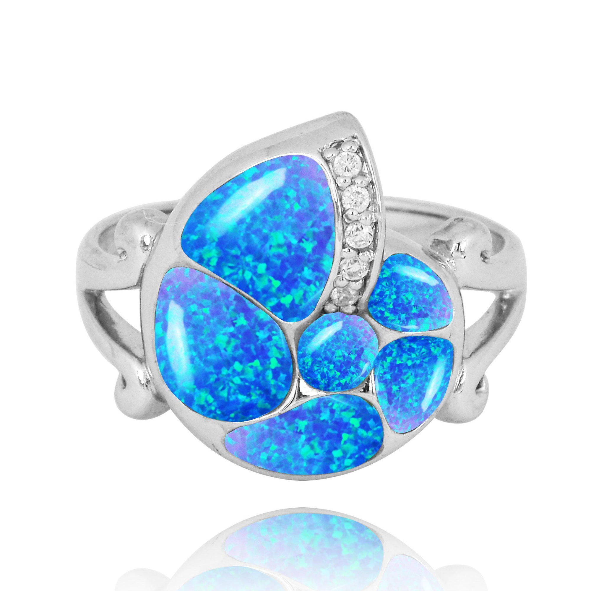 Sterling Silver Seashell Ring with Blue Opal and White CZ