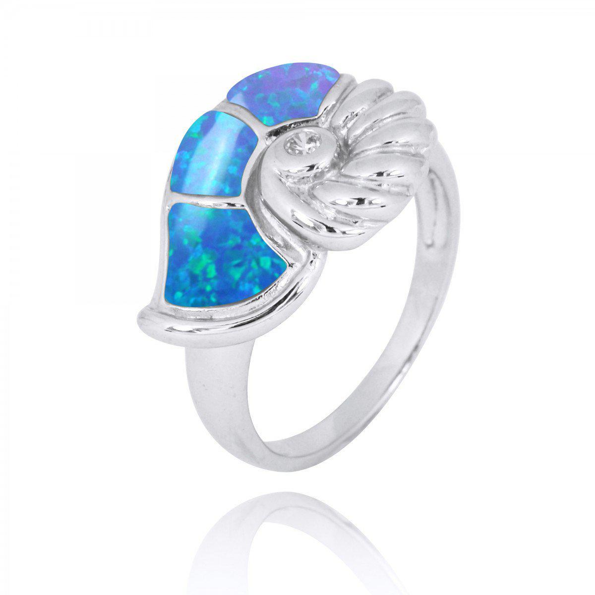 Sterling Silver Seashell Ring with Blue Opal and White CZ