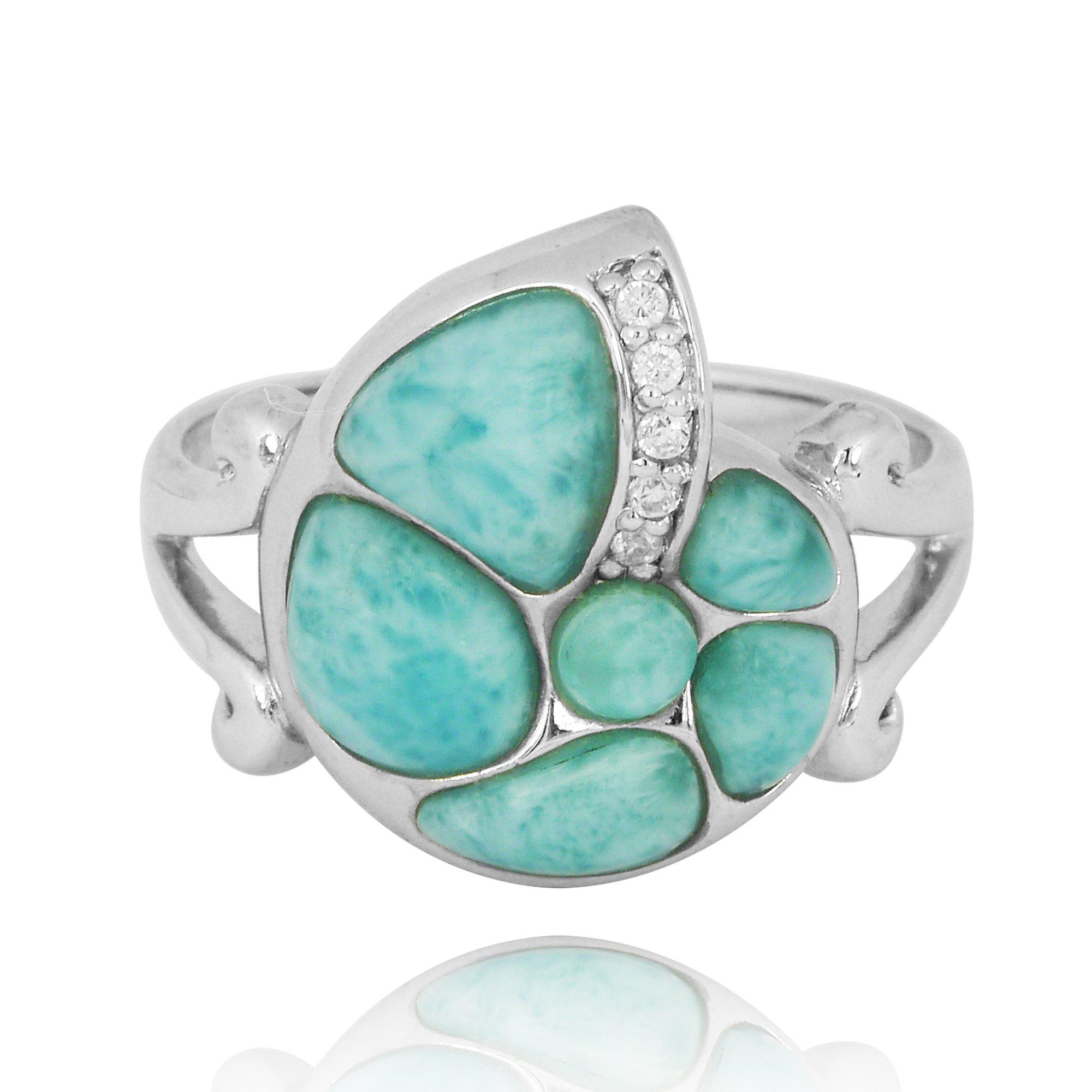 Sterling Silver Seashell Ring with Larimar and White CZ
