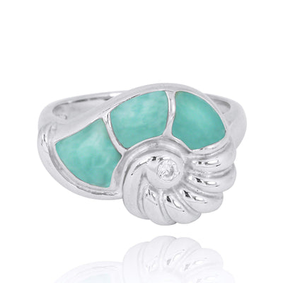 Sterling Silver Seashell Ring with Larimar and White CZ