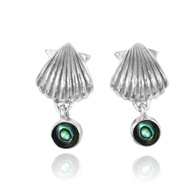 Sterling Silver SeaShell Stud Earrings with Dangling Round Abalone Shell
