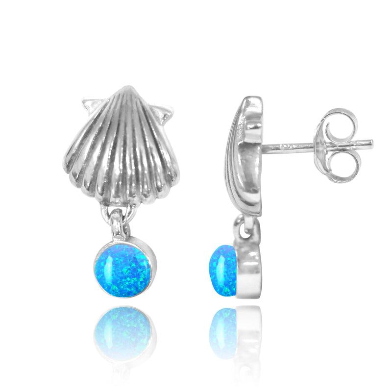 Sterling Silver Seashell Stud Earrings with Dangling Round Blue Opal
