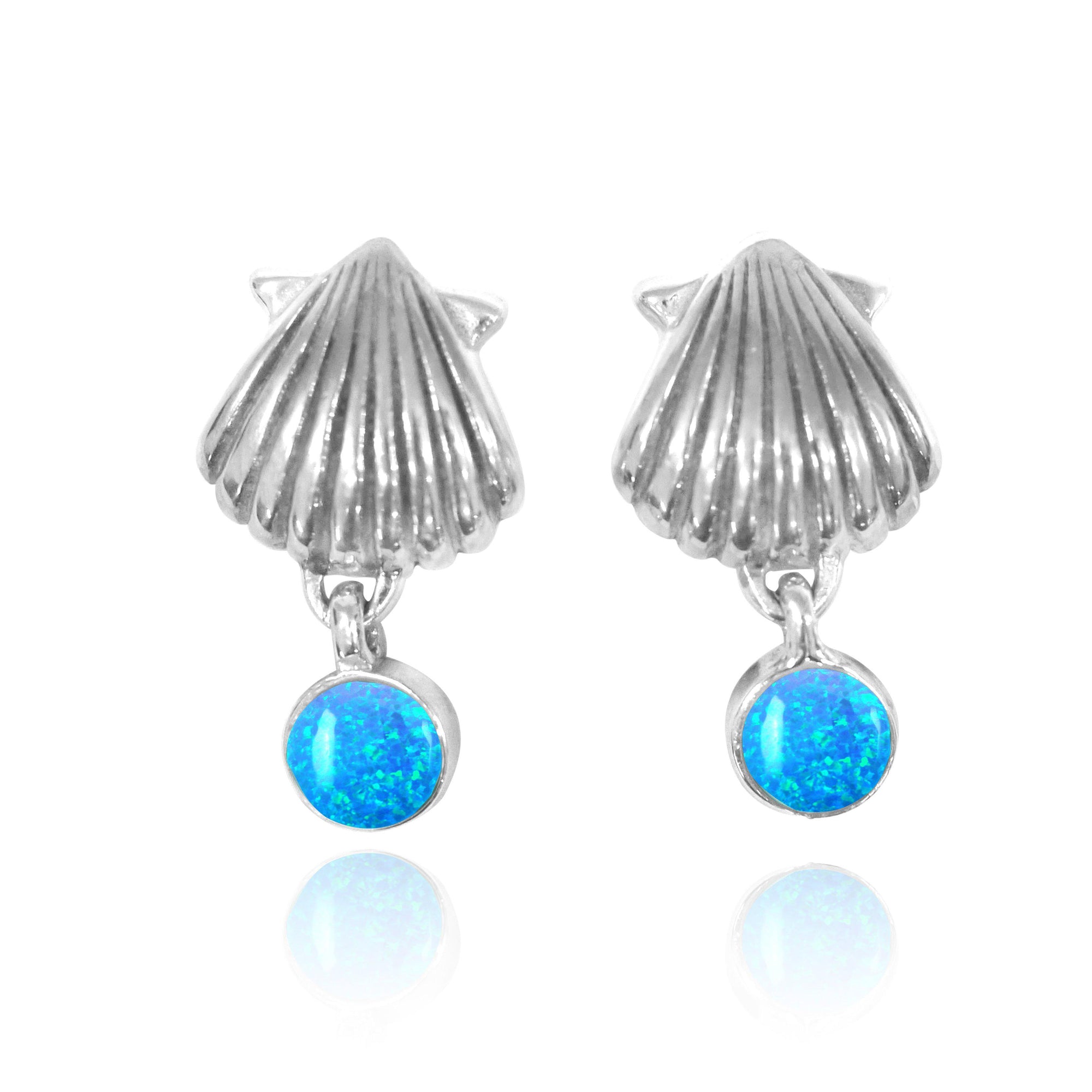Sterling Silver Seashell Stud Earrings with Dangling Round Blue Opal