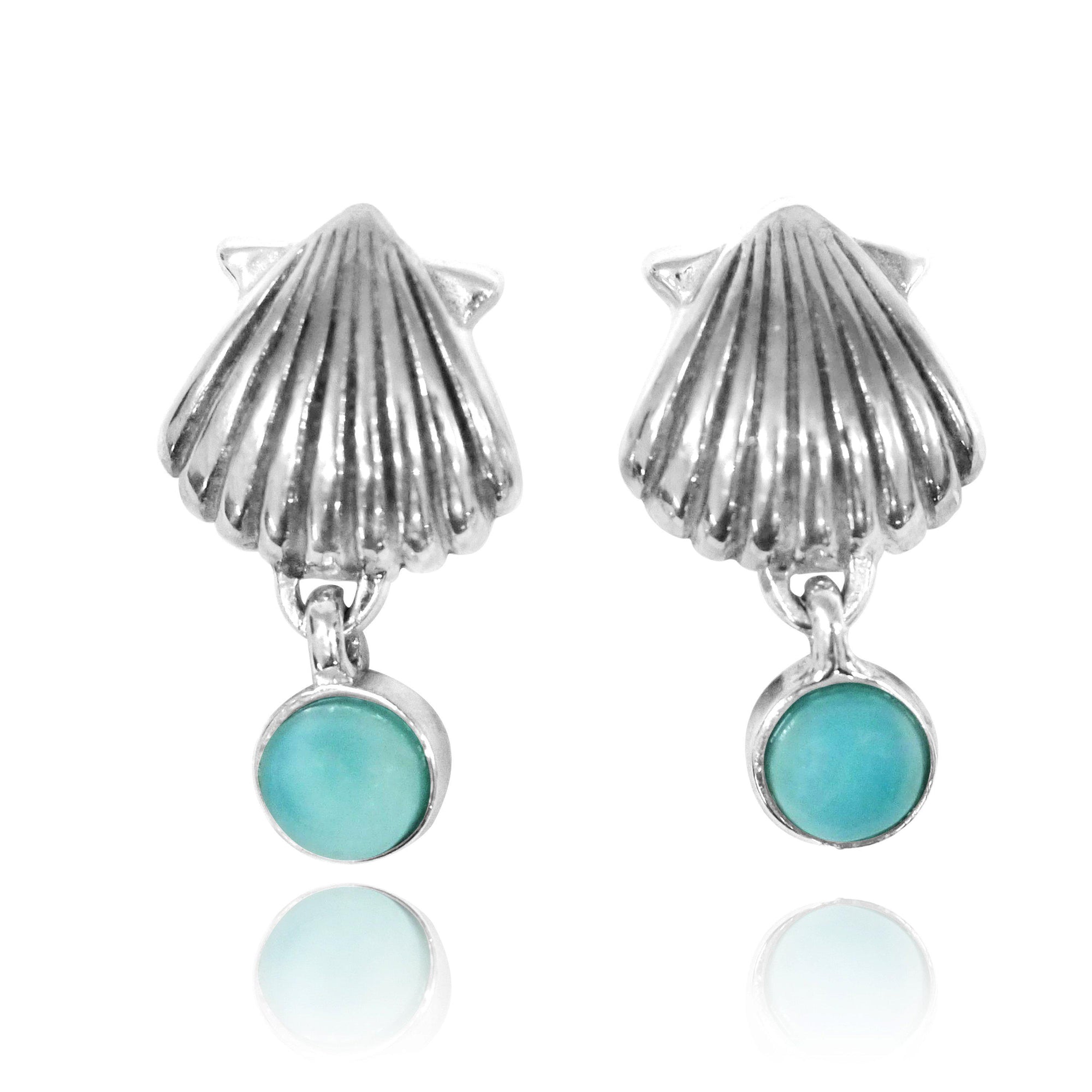 Seashell Earrings with Dangling Round Larimar