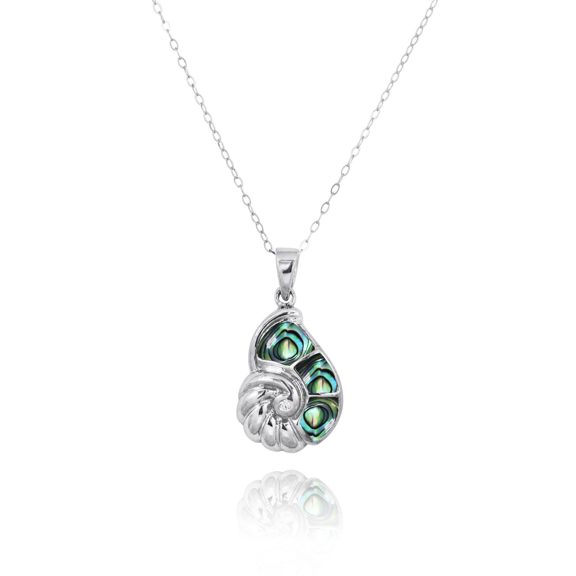 Sterling Silver SeaShell Pendant Necklace with Abalone Shell and White CZ