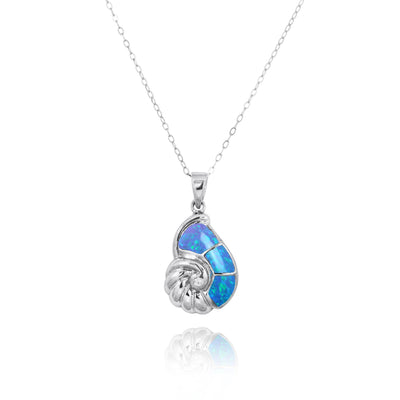 Sterling Silver Seashell Pendant Necklace with Blue Opal and White CZ