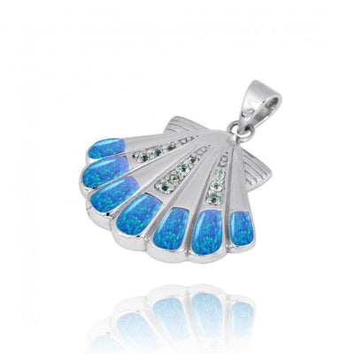 Sterling Silver Seashell with Swiss Blue Topaz Blue Opal Pendant Necklace