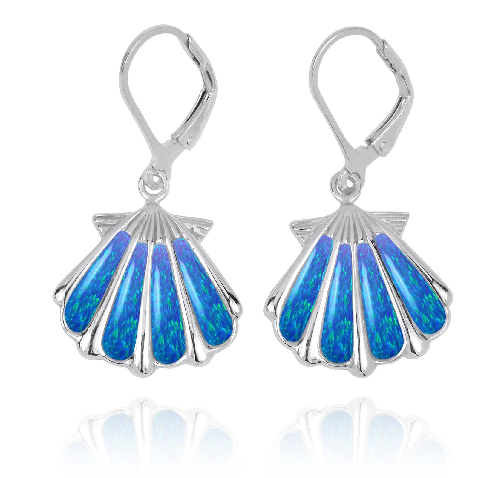 Sterling Silver Shell with Blue Opal Lever Back Earrings