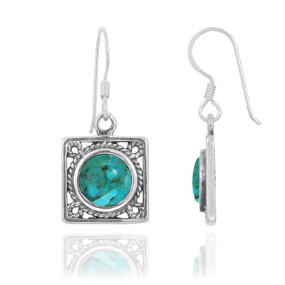 Sterling Silver Square French Wire Earrings with Round Compressed Turquoise