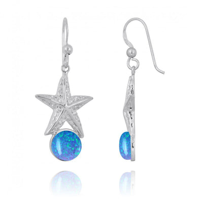 Sterling Silver Starfish French Wire Earrings with Round Blue Opal