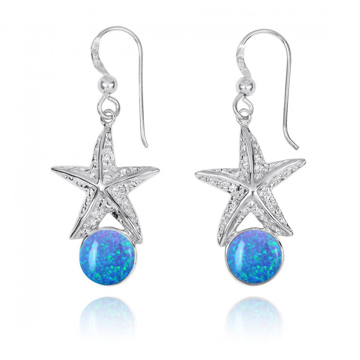 Sterling Silver Starfish French Wire Earrings with Round Blue Opal