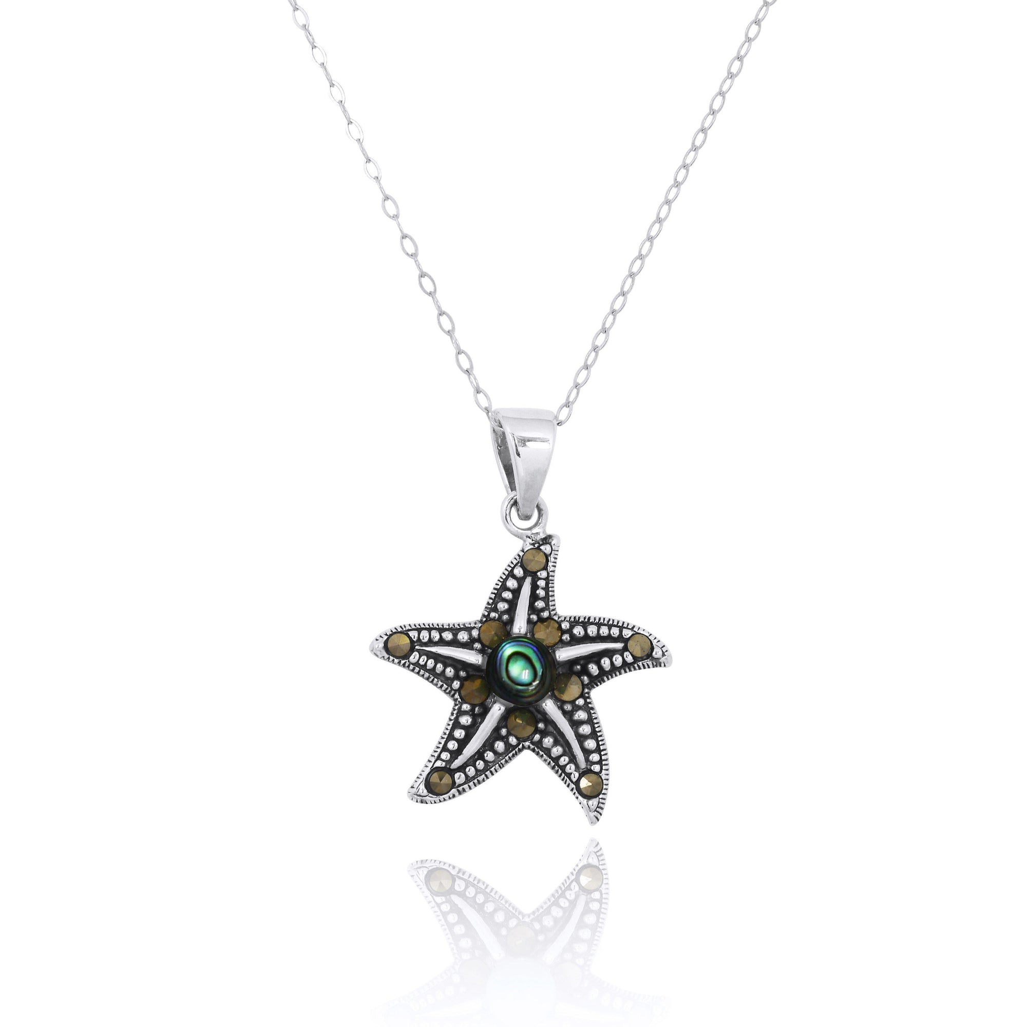 Sterling Silver Starfish Pendant Necklace with Marcasite and Round Abalone Shell