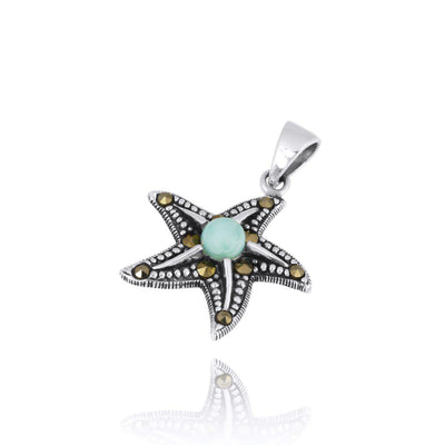 Sterling Silver Starfish Pendant Necklace with Marcasite and Round Larimar
