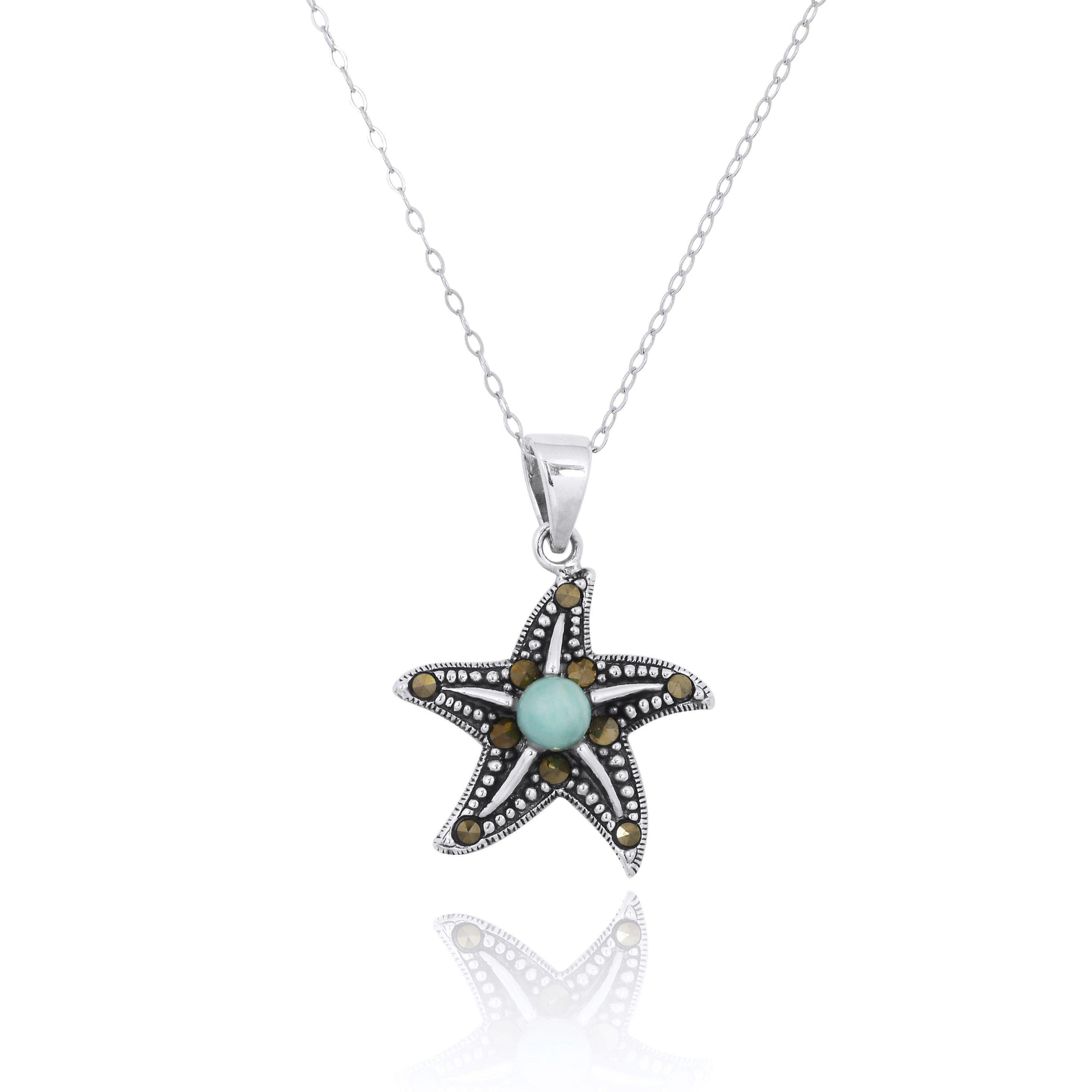 Sterling Silver Starfish Pendant Necklace with Marcasite and Round Larimar