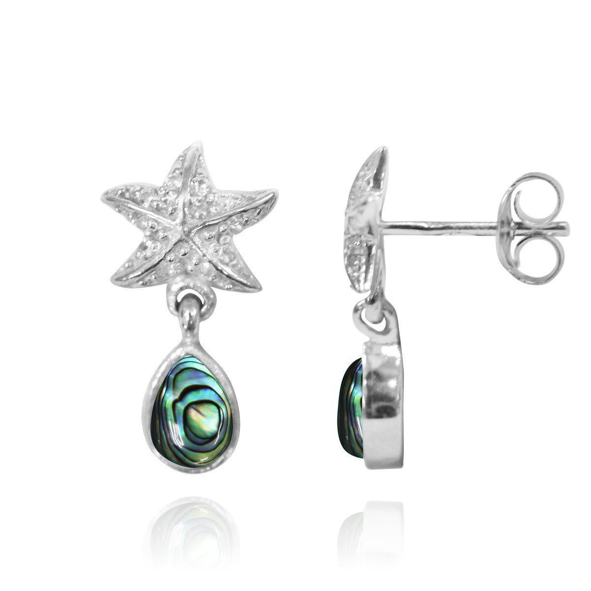 Sterling Silver Starfish Stud Earrings with Round Abalone Shell and Teardrop White Topaz