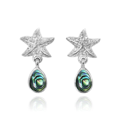 Sterling Silver Starfish Stud Earrings with Round Abalone Shell and Teardrop White Topaz