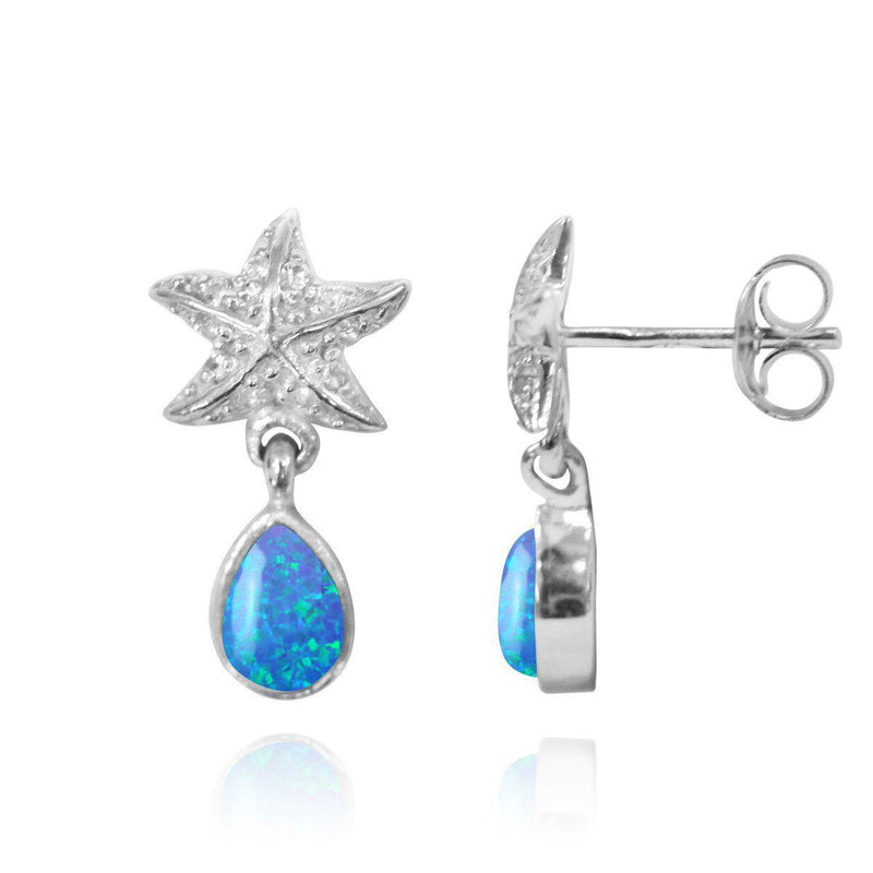 Sterling Silver Starfish Stud Earrings with Round Blue Opal and Teardrop White Topaz