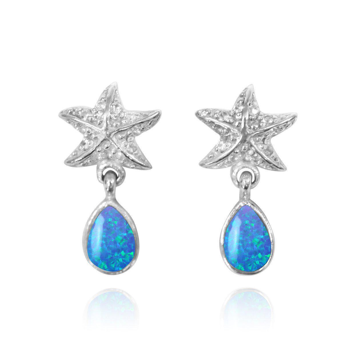 Sterling Silver Starfish Stud Earrings with Round Blue Opal and Teardrop White Topaz