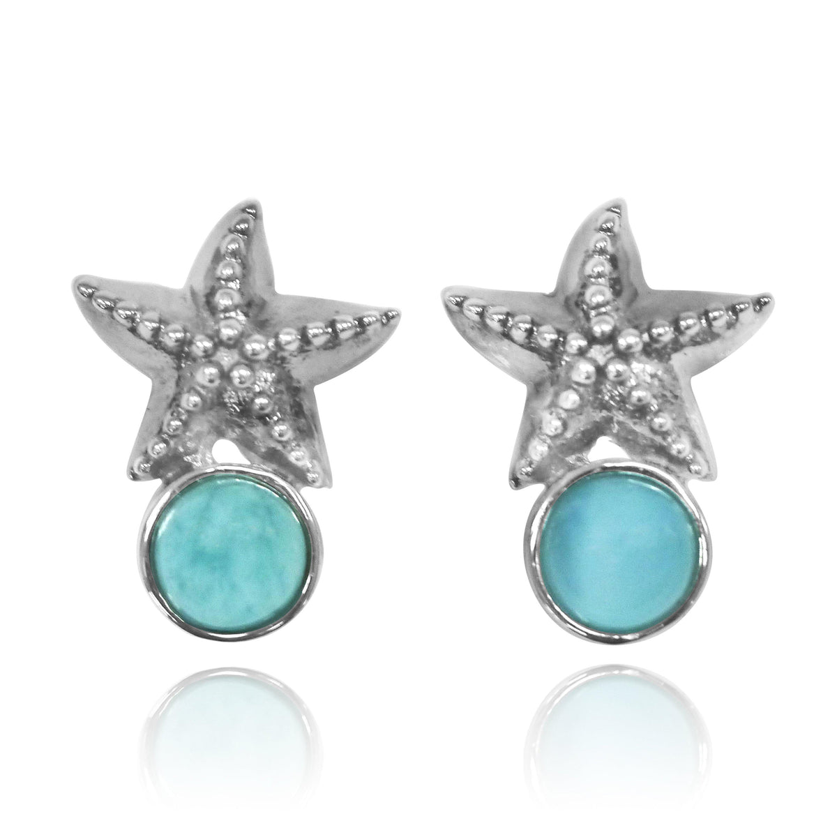 Sterling Silver Starfish Stud Earrings with Round Larimar