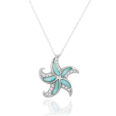 Sterling Silver Starfish Pendant Necklace with Larimar and CZ Pendant