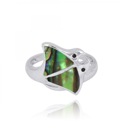 Sterling Silver Stingray Ring with Abalone Shell and Black Spinel
