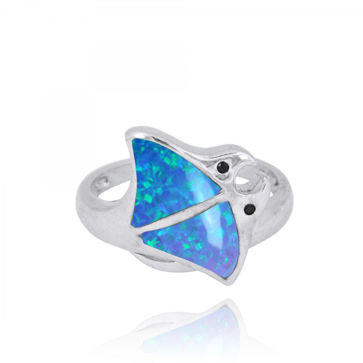Sterling Silver Stingray Ring with Blue Opal and Black Spinel