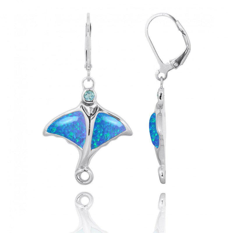 Sterling Silver Stingray with Abalone Shell and Swiss Blue Topaz Lever Back Earrings