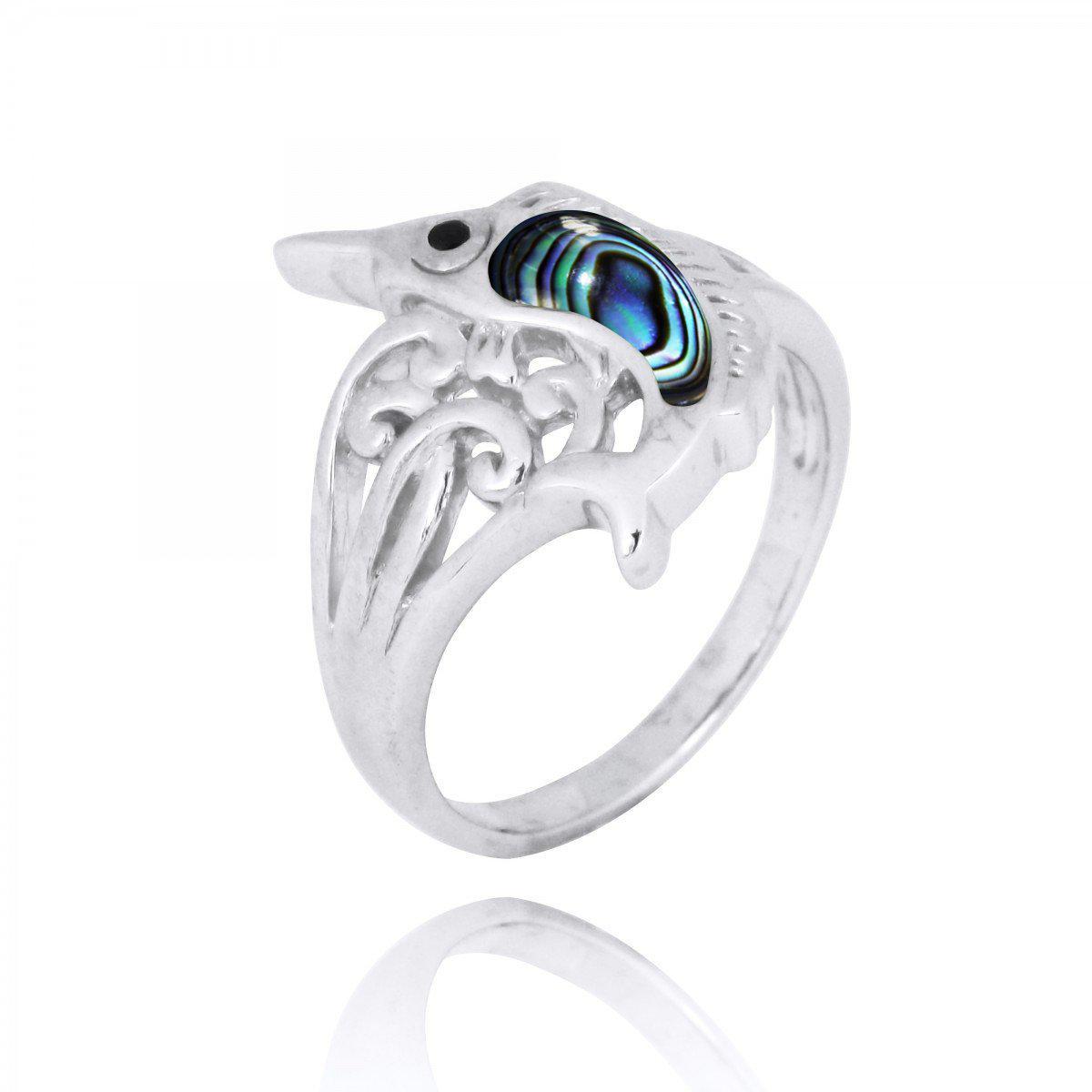 Sterling Silver Swordfish Ring with Abalone Shell and Black Spinel