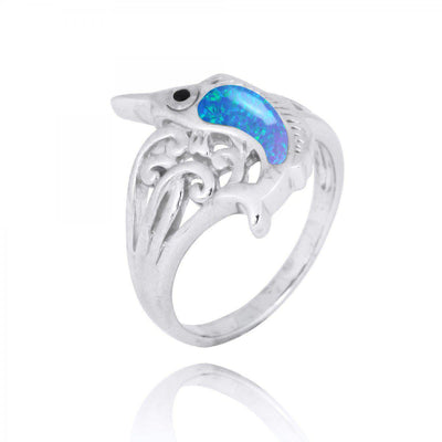Sterling Silver Swordfish Ring with Blue Opal and Black Spinel