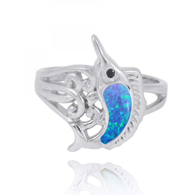 Sterling Silver Swordfish Ring with Blue Opal and Black Spinel