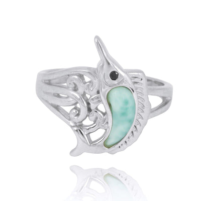 Sterling Silver Swordfish Ring with Larimar and Black Spinel