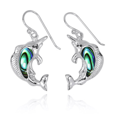 Sterling Silver Swordfish with Abalone Shell and Black CZ French Wire Earrings