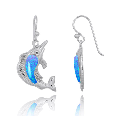 Sterling Silver Swordfish with Blue Opal and Black CZ French Wire Earrings