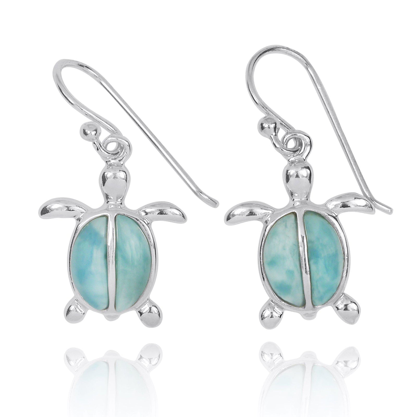 Sterling Silver Turtle French Wire Earrings with 2 Larimar Stones