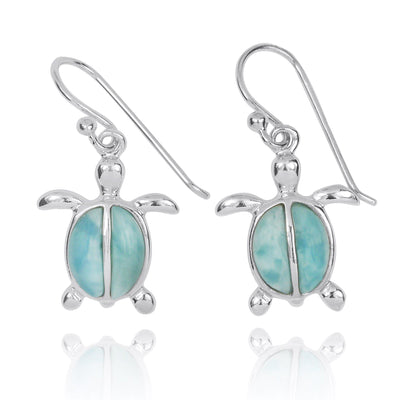Sterling Silver Turtle French Wire Earrings with 2 Larimar Stones
