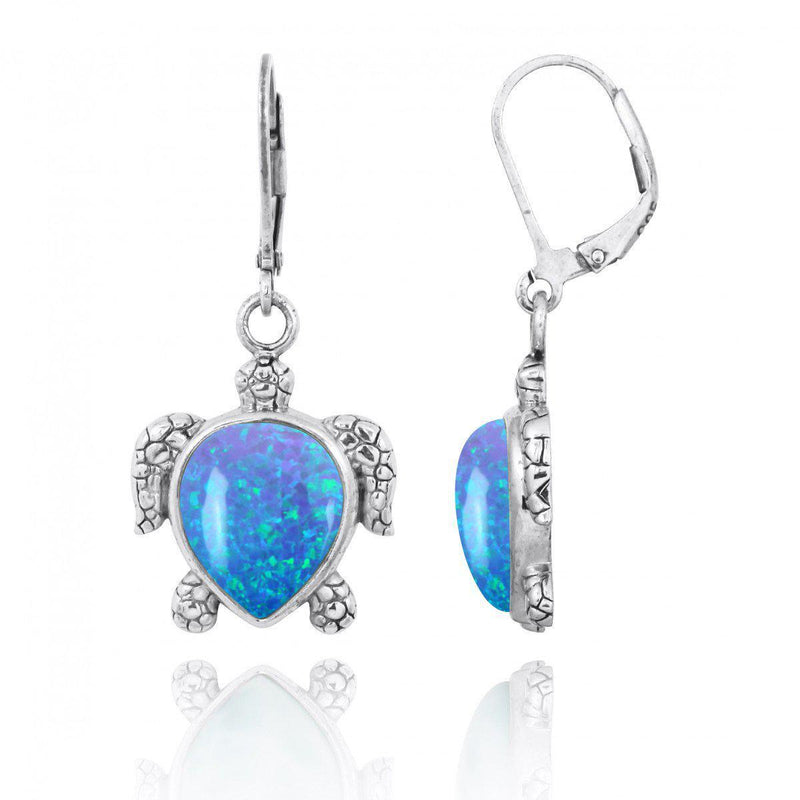 Sterling Silver Turtle Lever Back Earrings with Blue Opal