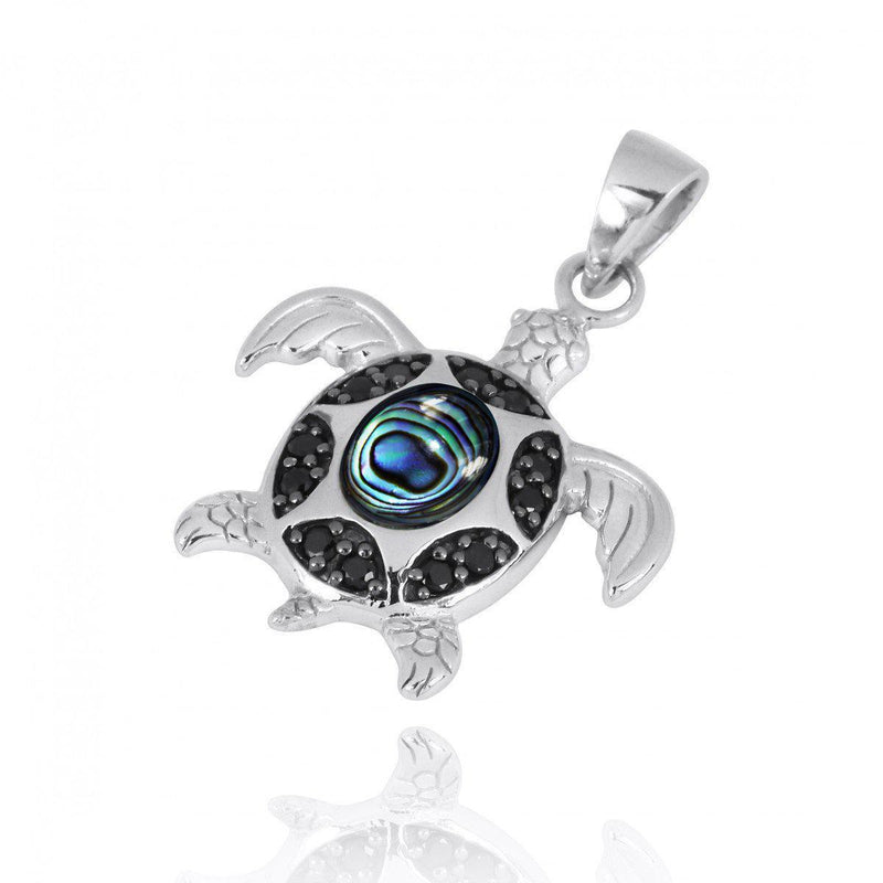 Sterling Silver Turtle Pendant Necklace with Abalone Shell and Black Spinel