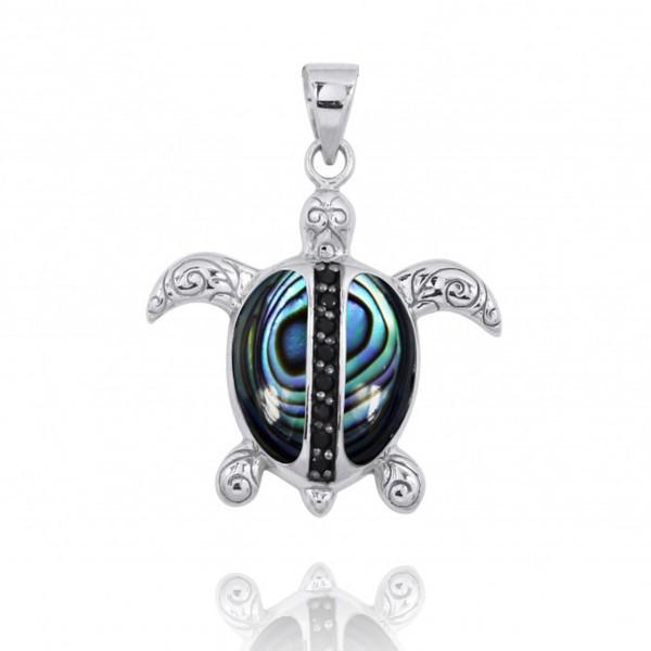 Turtle Pendant Necklace with Abalone Shell and Black Spinel