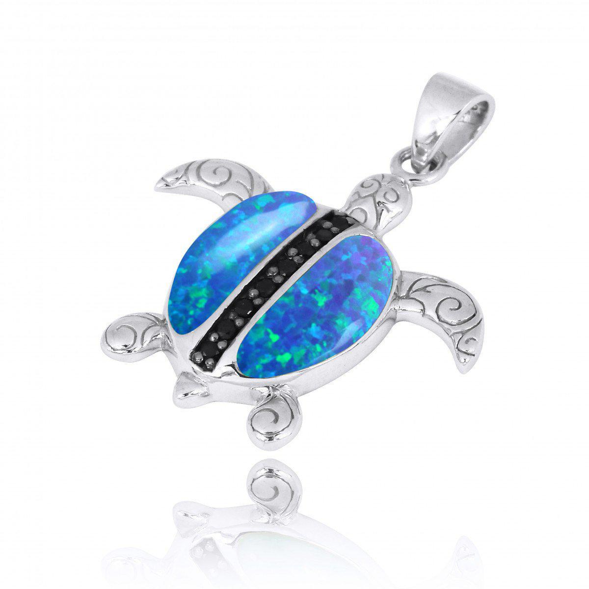 Turtle Pendant Necklace with Blue Opal and Black Spinel