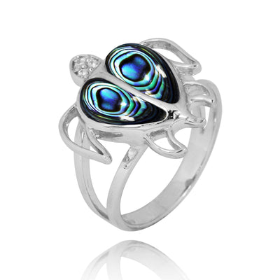 Sterling Silver Turtle Ring with Abalone Shell and White CZ