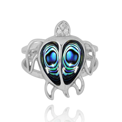 Sterling Silver Turtle Ring with Abalone Shell and White CZ