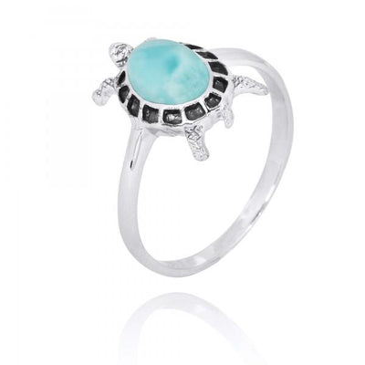 Sterling Silver Turtle Ring with Larimar and Black Spinel