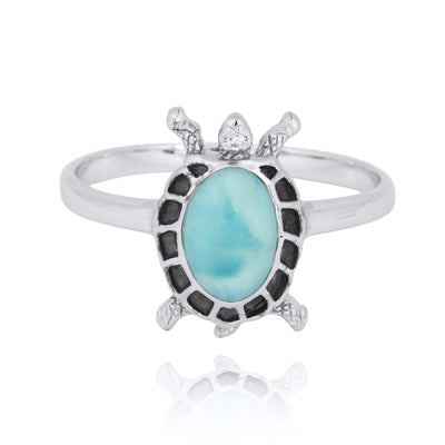 Sterling Silver Turtle Ring with Larimar and Black Spinel