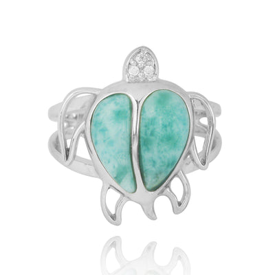 Sterling Silver Turtle Ring with Larimar and White CZ