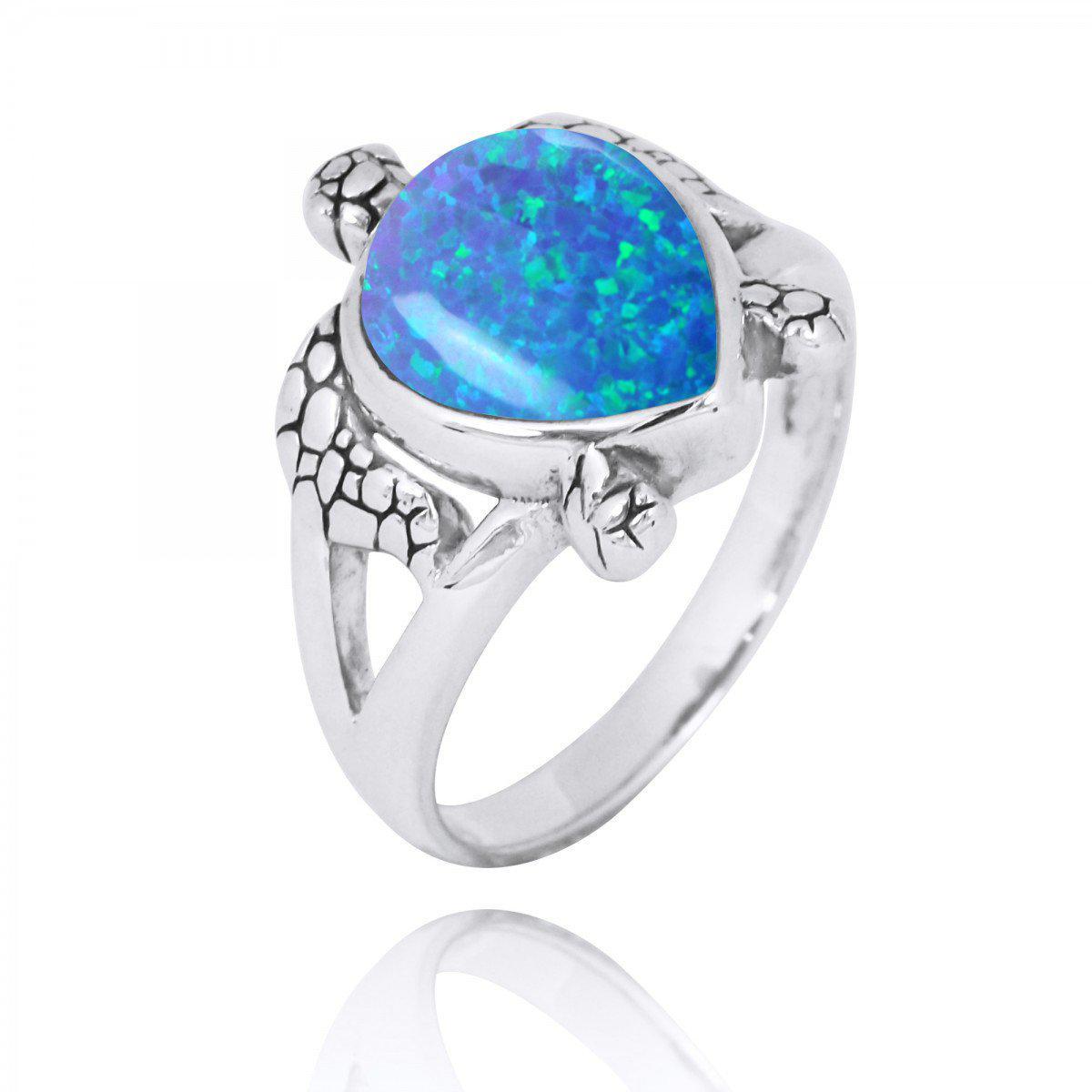 Sterling Silver Turtle Ring with Teardrop Blue Opal