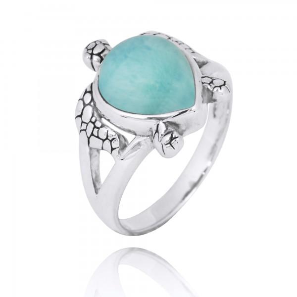 Sterling Silver Turtle Ring with Teardrop Larimar
